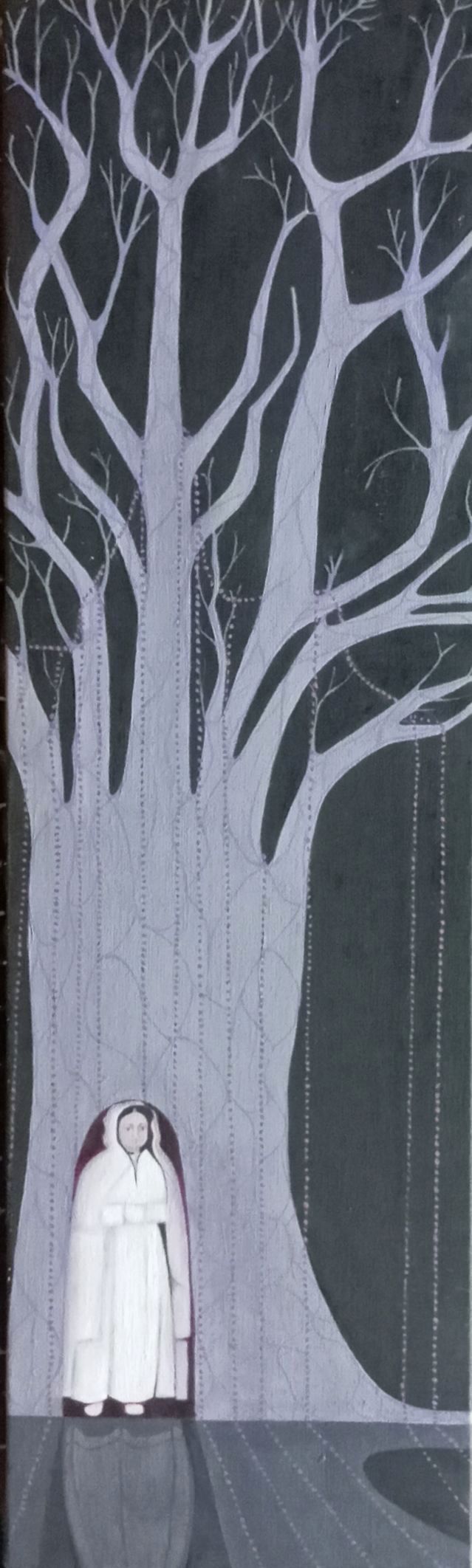 2026 Personaje de blanco en árbol violeta 73x22 Óleo sobre lienzo